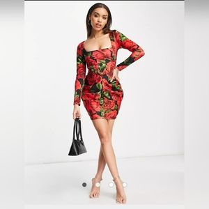 ASOS square neck corset long sleeve side ruched mini dress in red floral NWT